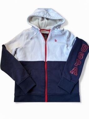 🎇🎆3for$9 Navy and White US Polo Assn Hooded Sherpa zip-up hoodie